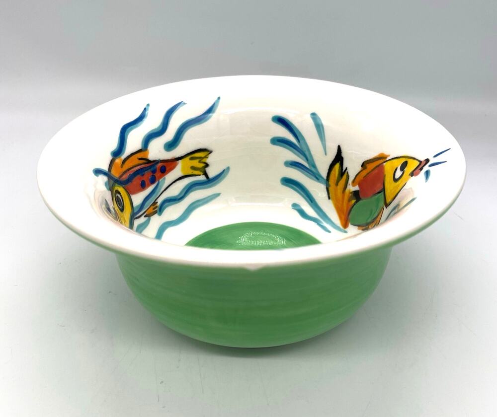 Les Tropiques Strata Cereal Bowl Green Hand Painted Tropical Fish *Paint Chip